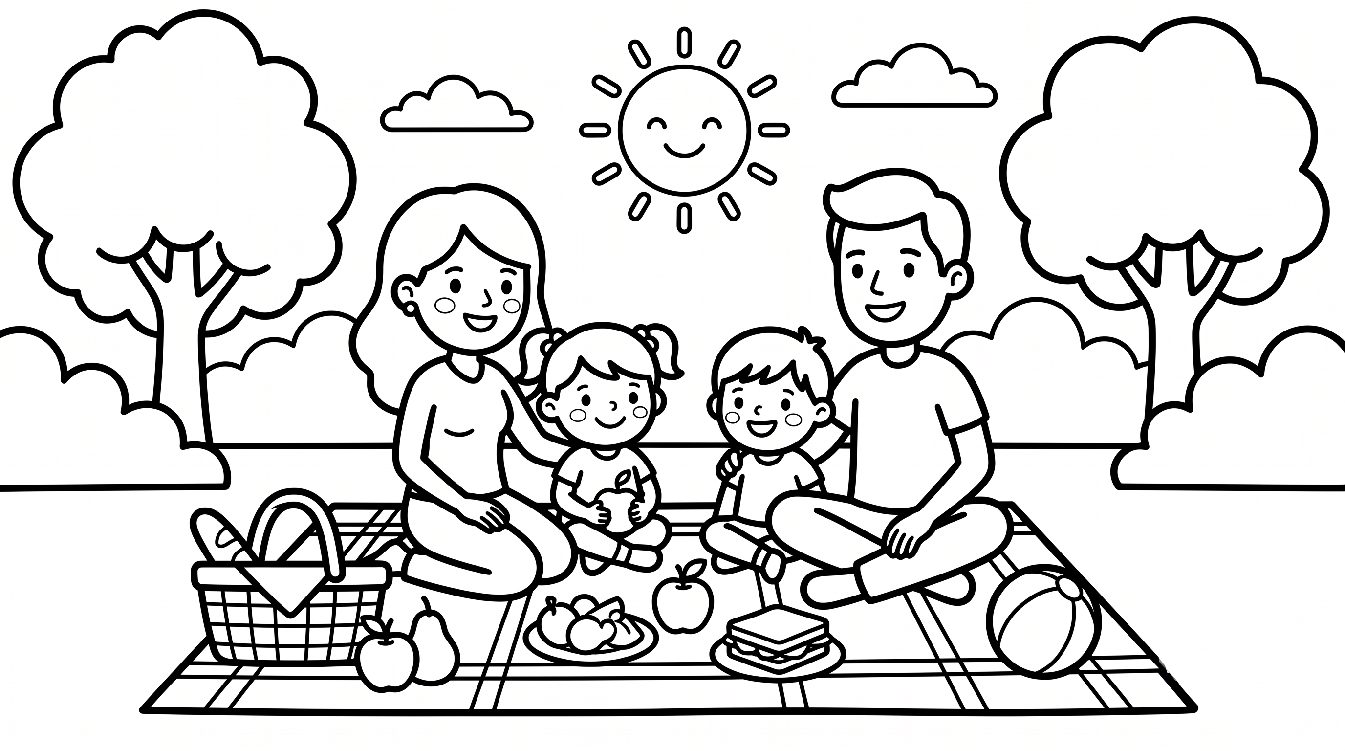 Happy family picnic in the park coloring page to print