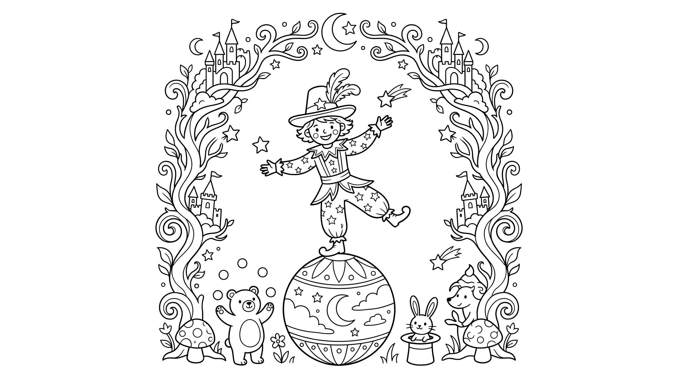 Circus performer balancing on a ball coloring page to print