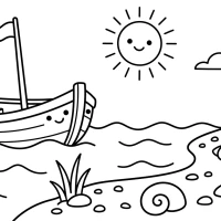 A small boat drifting on gentle waves near a sandy beach with seashells scattered on the shore.