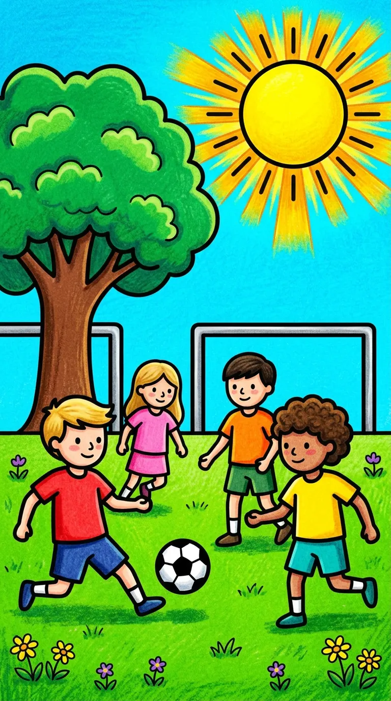children playing soccer in sunny field coloring page to print