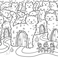 An enchanted forest maze formed by towering hedges carved like cats, with friendly will-o’-wisps guiding children past door-shaped tree trunks.