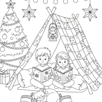 Cozy Christmas living room fort with siblings and cat