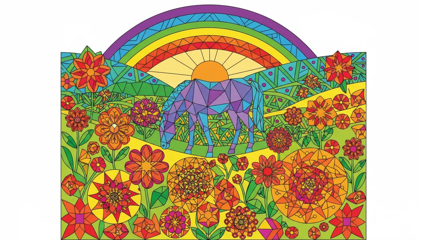 magical unicorn among rainbow flowers coloring page to print