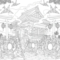 Christmas taiko festival in Japan with lantern-lit torii and kimono drummers