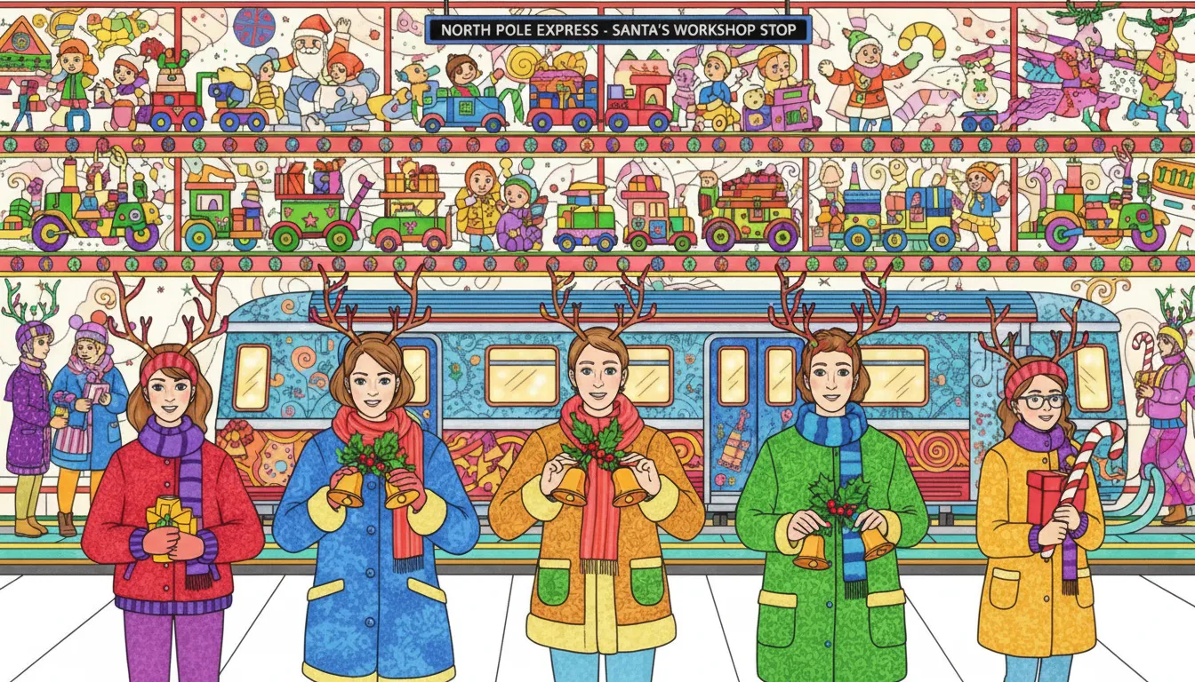 Santa’s workshop subway station with festive scene coloring page to print