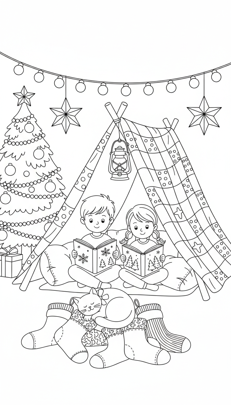 Cozy Christmas living room fort with siblings and cat coloring page to print