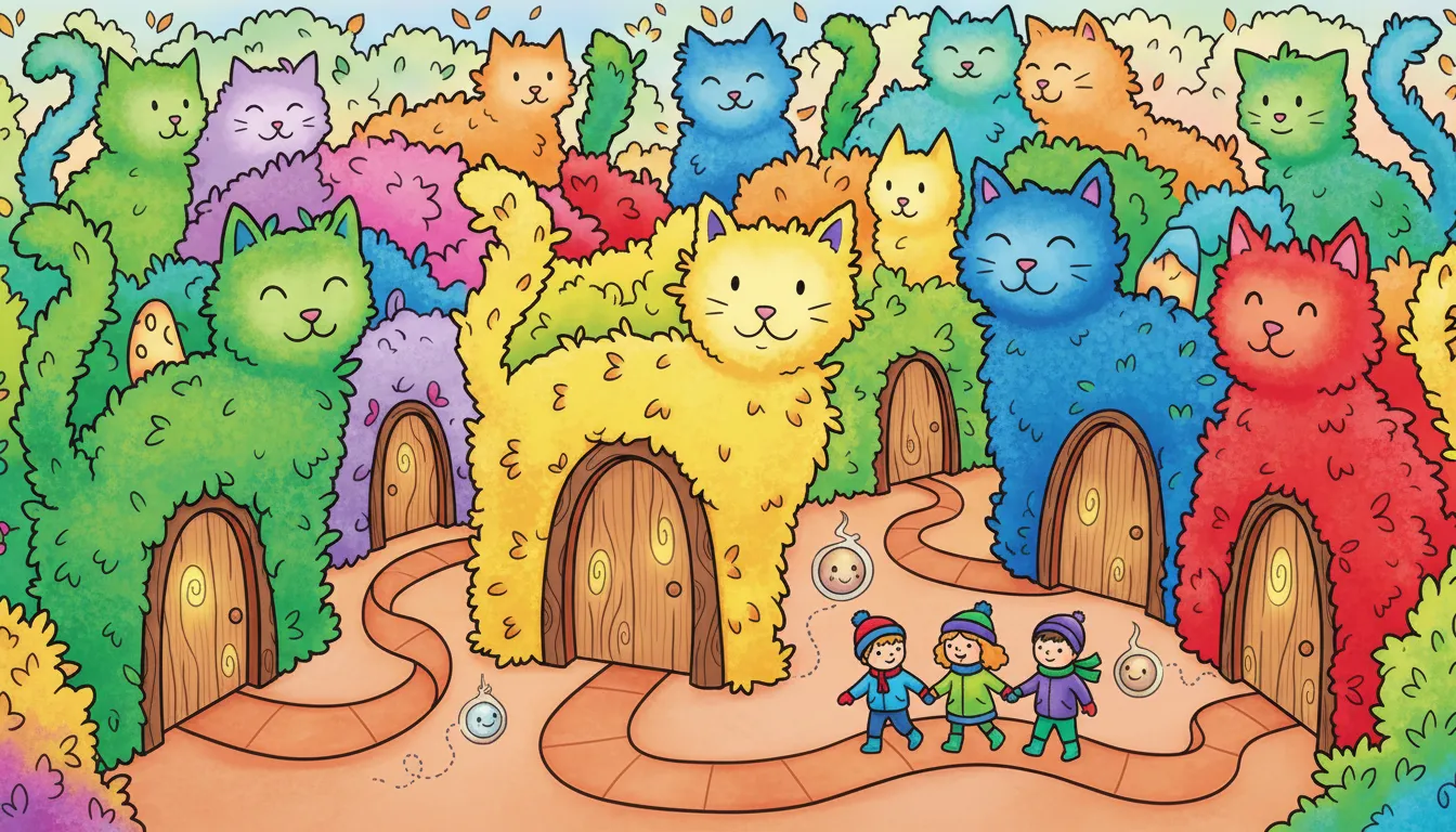 An enchanted forest maze formed by towering hedges carved like cats, with friendly will-o’-wisps guiding children past door-shaped tree trunks. coloring page to print