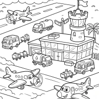 Busy airport with airplanes taking off and landing
