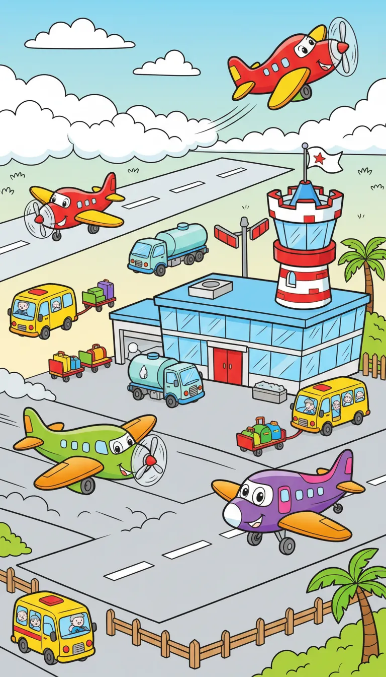 Busy airport with airplanes taking off and landing coloring page to print