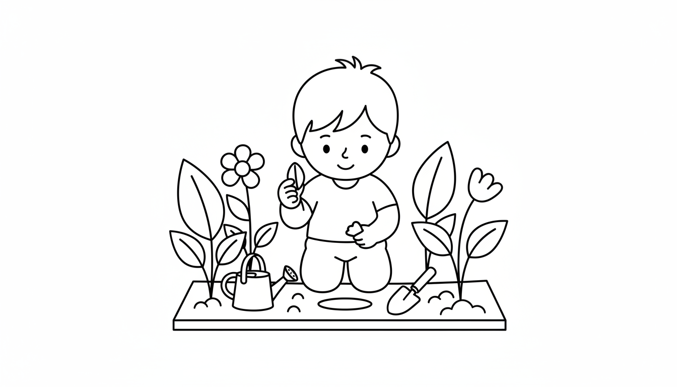 Child planting a seed in a garden coloring page to print