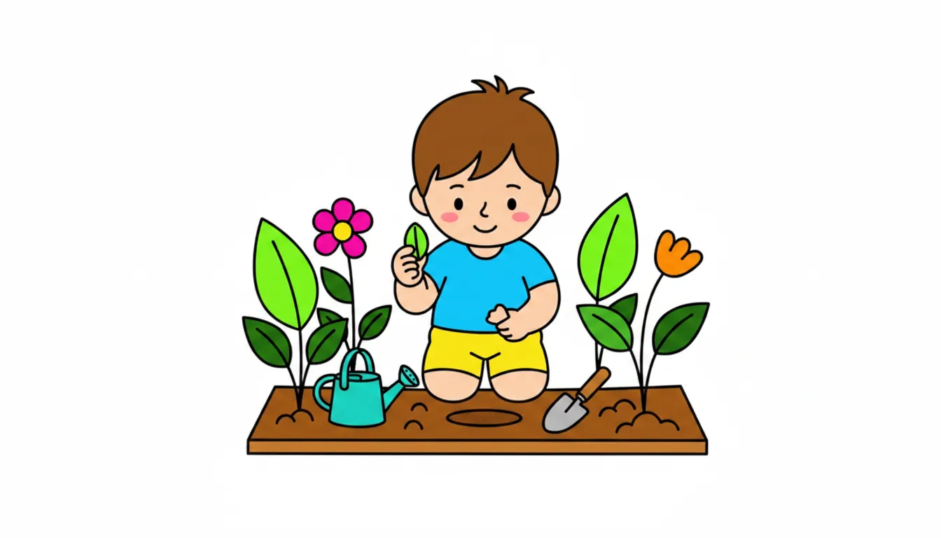 Child planting a seed in a garden coloring page to print