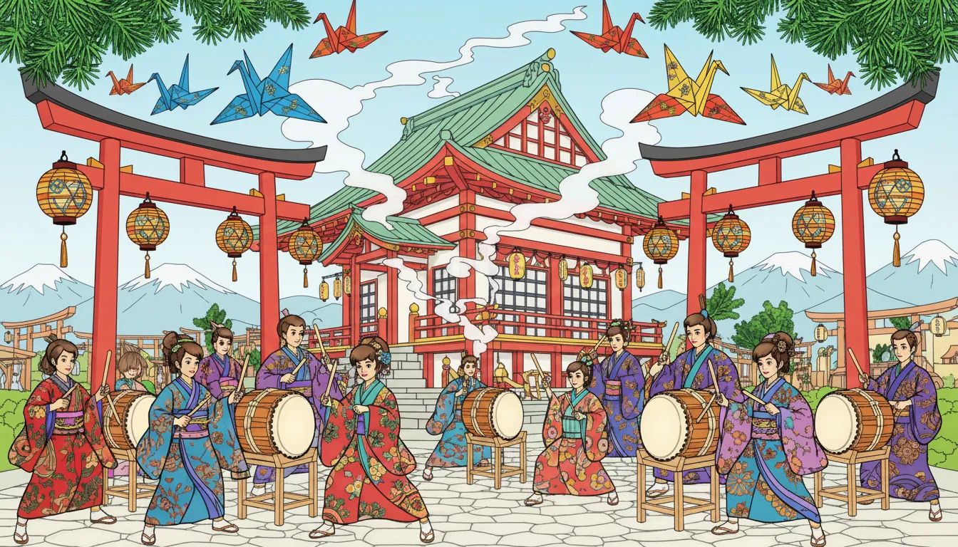 Christmas taiko festival in Japan with lantern-lit torii and kimono drummers coloring page to print