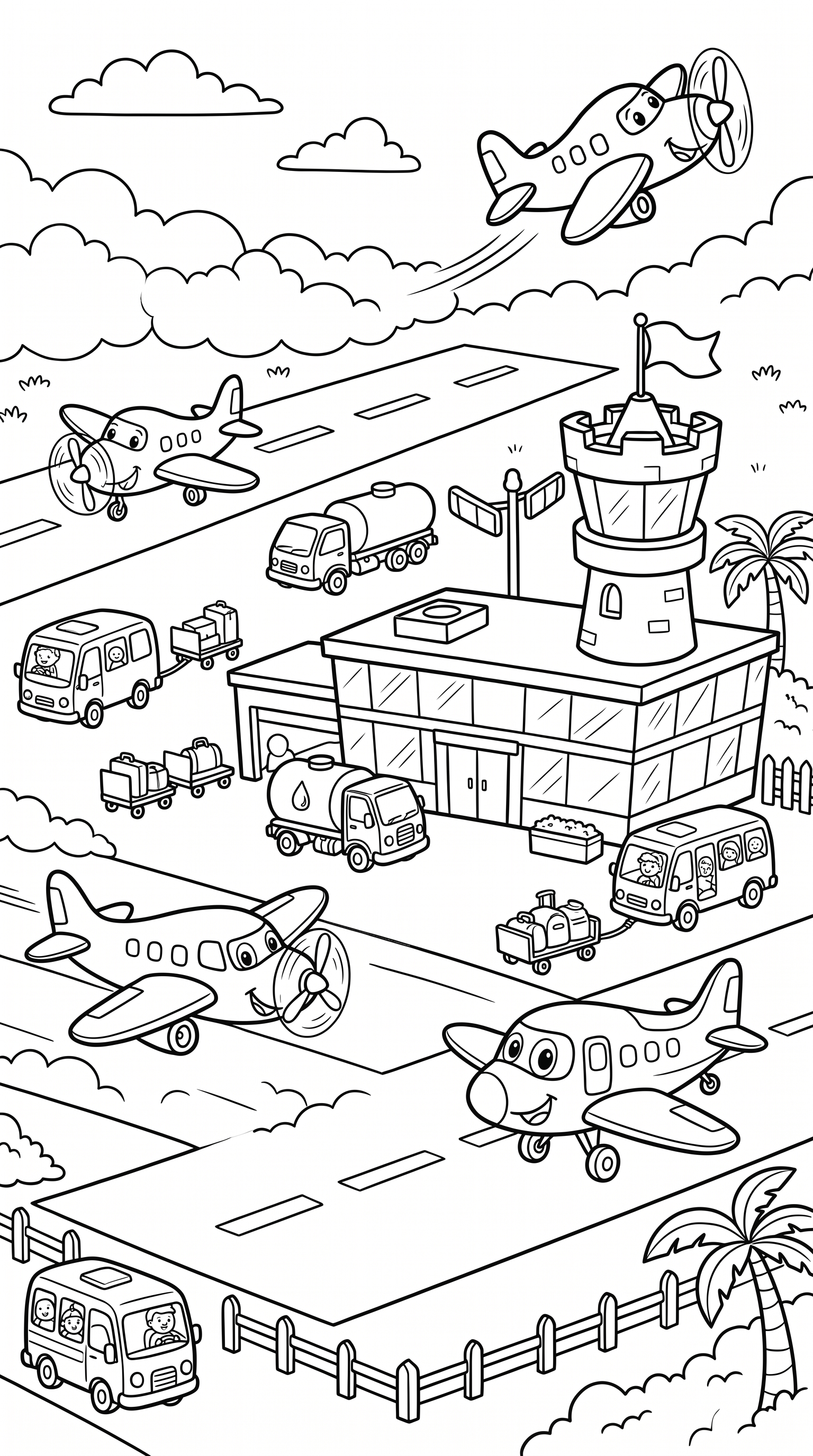 Busy airport with airplanes taking off and landing coloring page to print