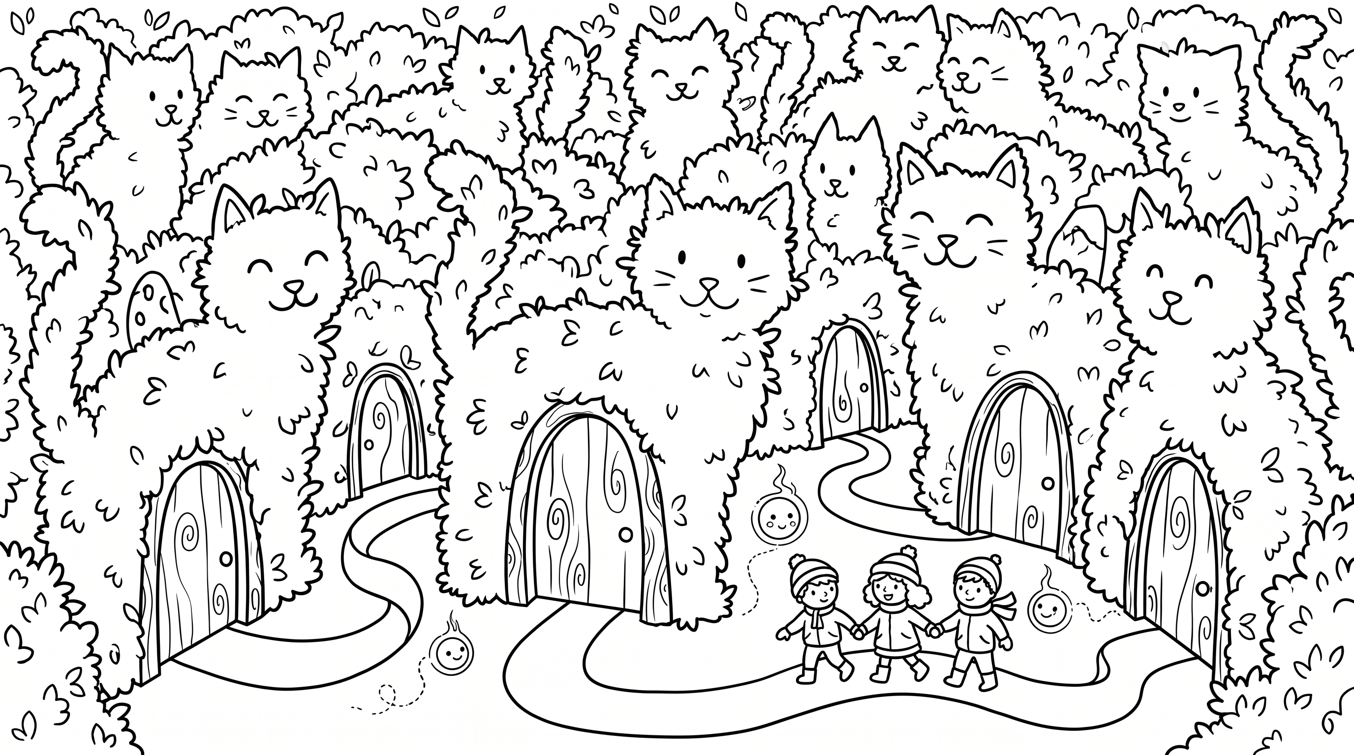 An enchanted forest maze formed by towering hedges carved like cats, with friendly will-o’-wisps guiding children past door-shaped tree trunks. coloring page to print