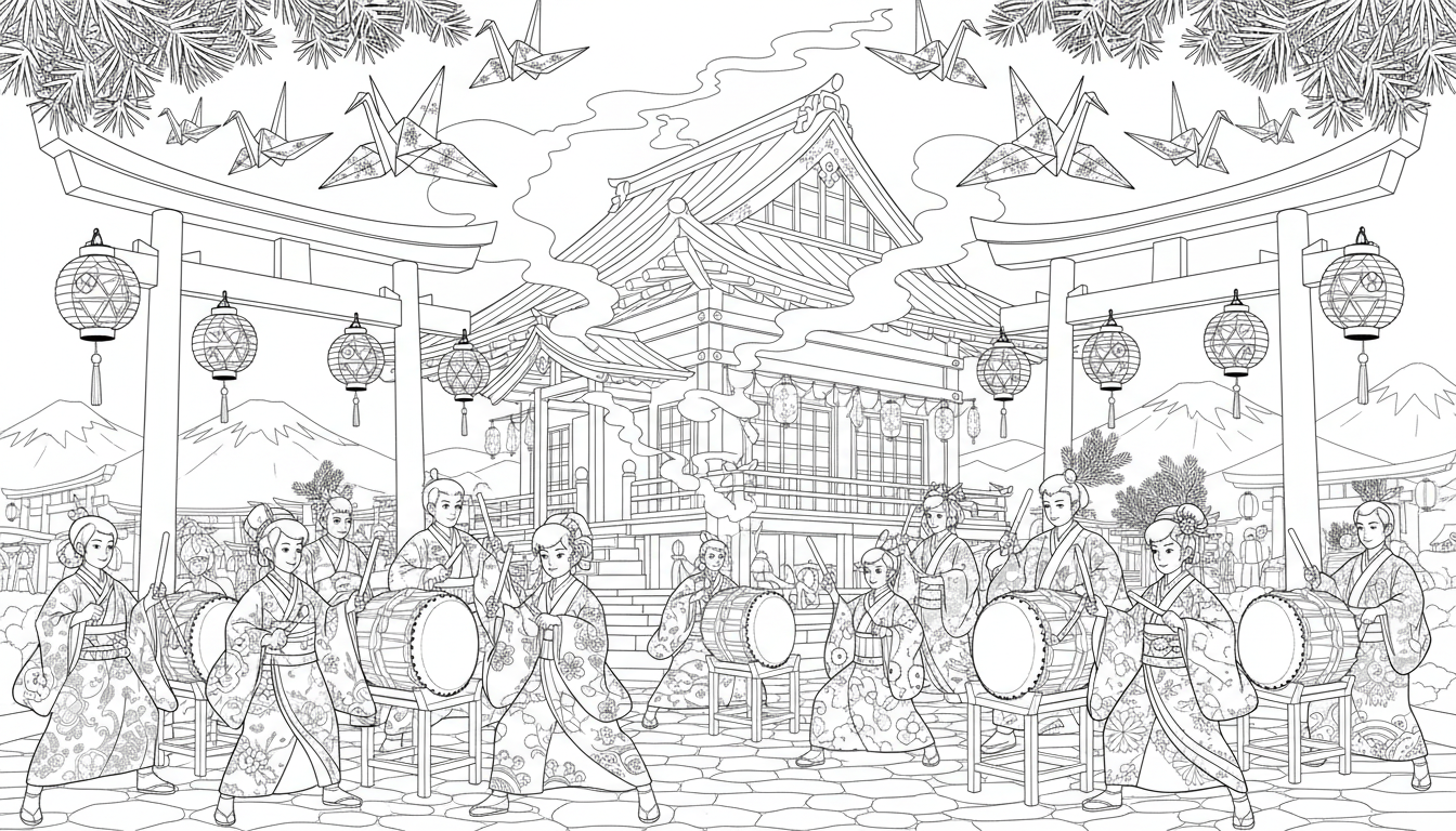 Christmas taiko festival in Japan with lantern-lit torii and kimono drummers coloring page to print