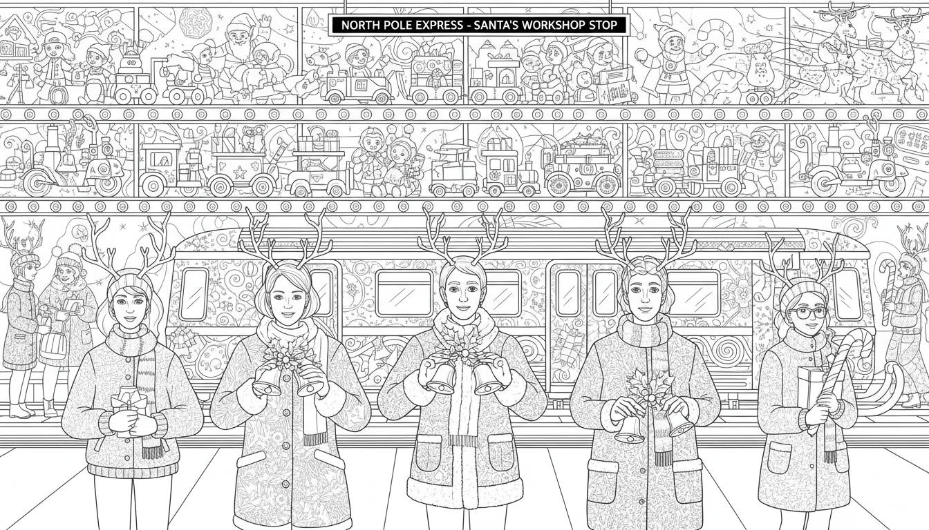 Santa’s workshop subway station with festive scene coloring page to print