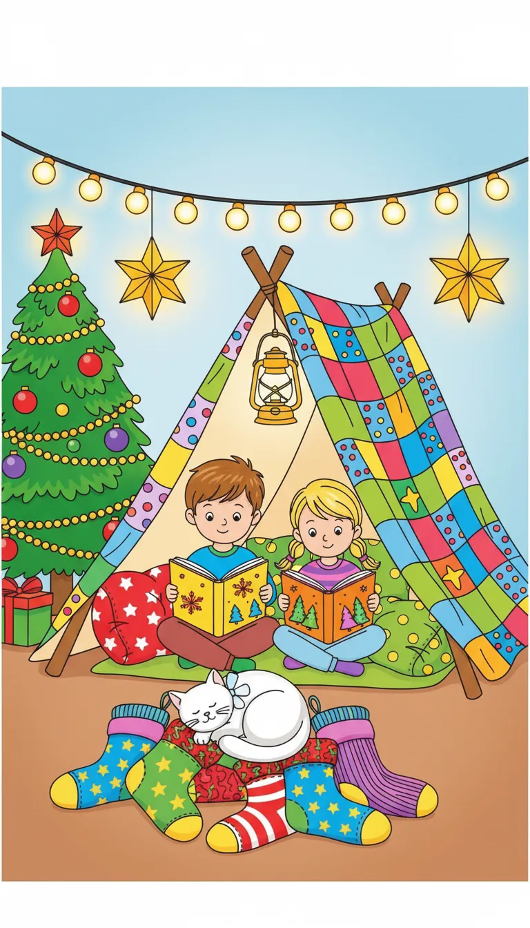 Cozy Christmas living room fort with siblings and cat coloring page to print