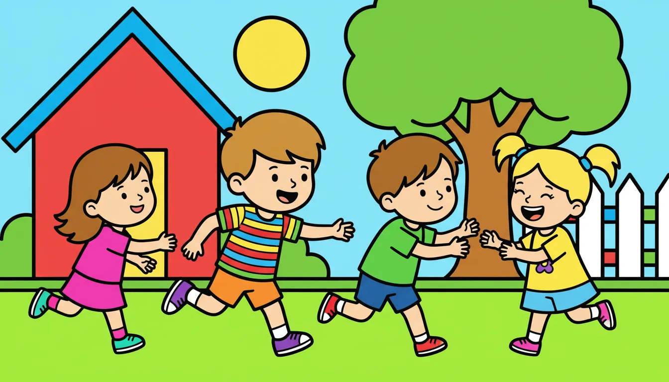 children playing tag in the yard coloring page to print