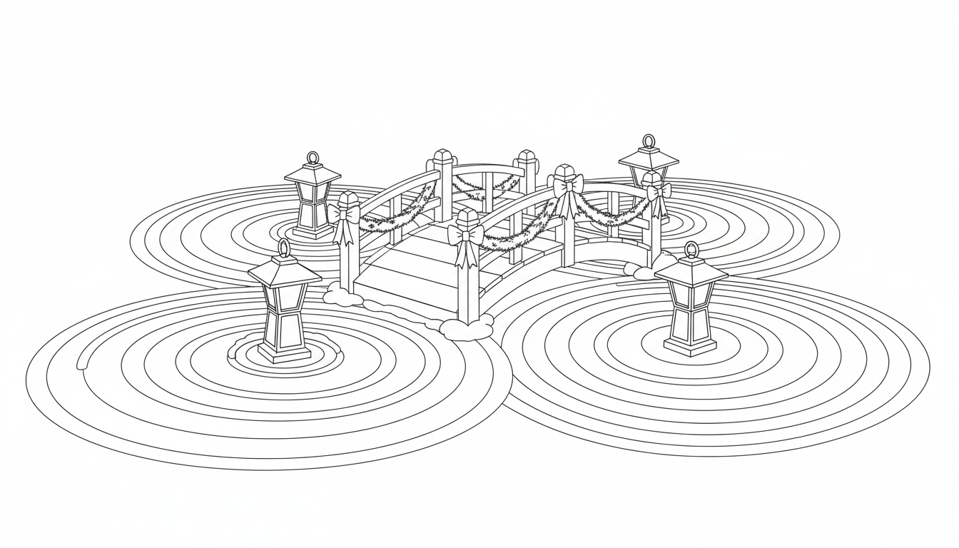 Christmas Zen garden with snow and lanterns coloring page to print
