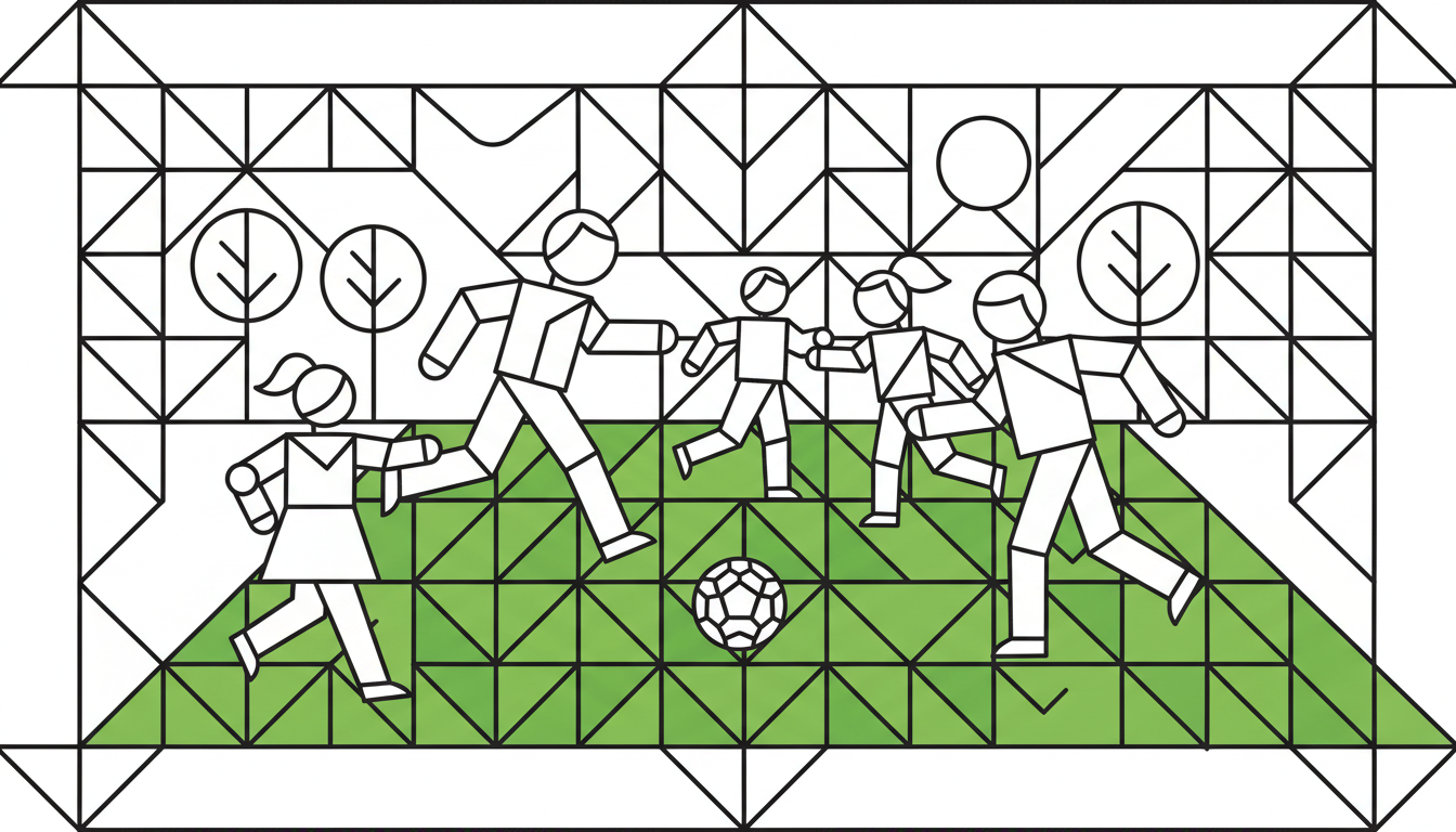 Friends playing soccer on grassy field coloring page to print