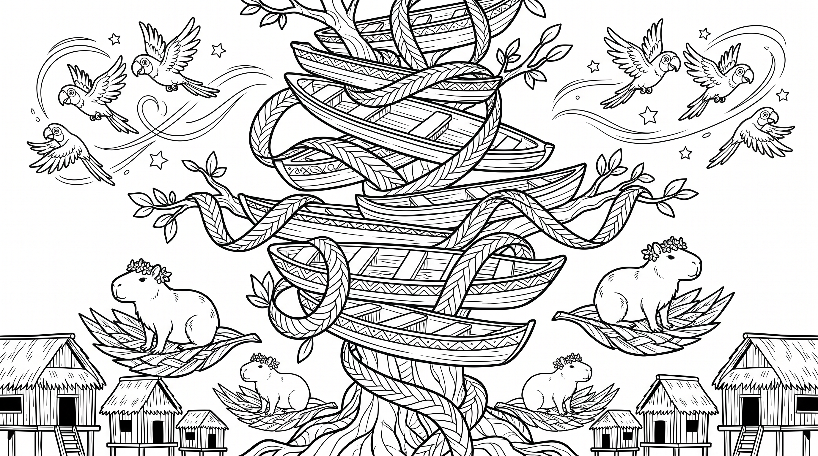 Amazonian river canoes with capybaras and macaws coloring page to print