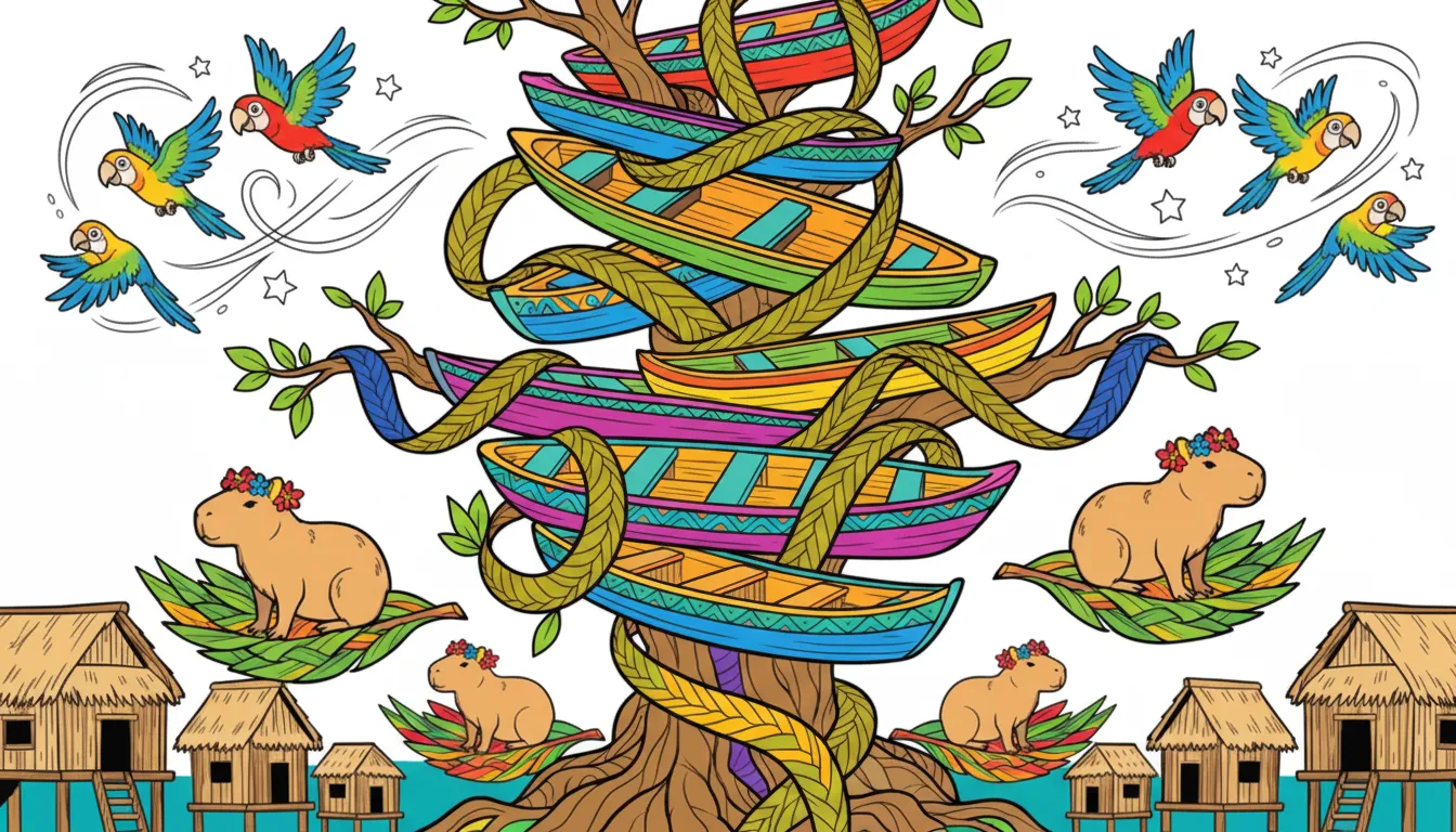 Amazonian river canoes with capybaras and macaws coloring page to print