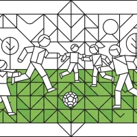 Friends playing soccer on grassy field
