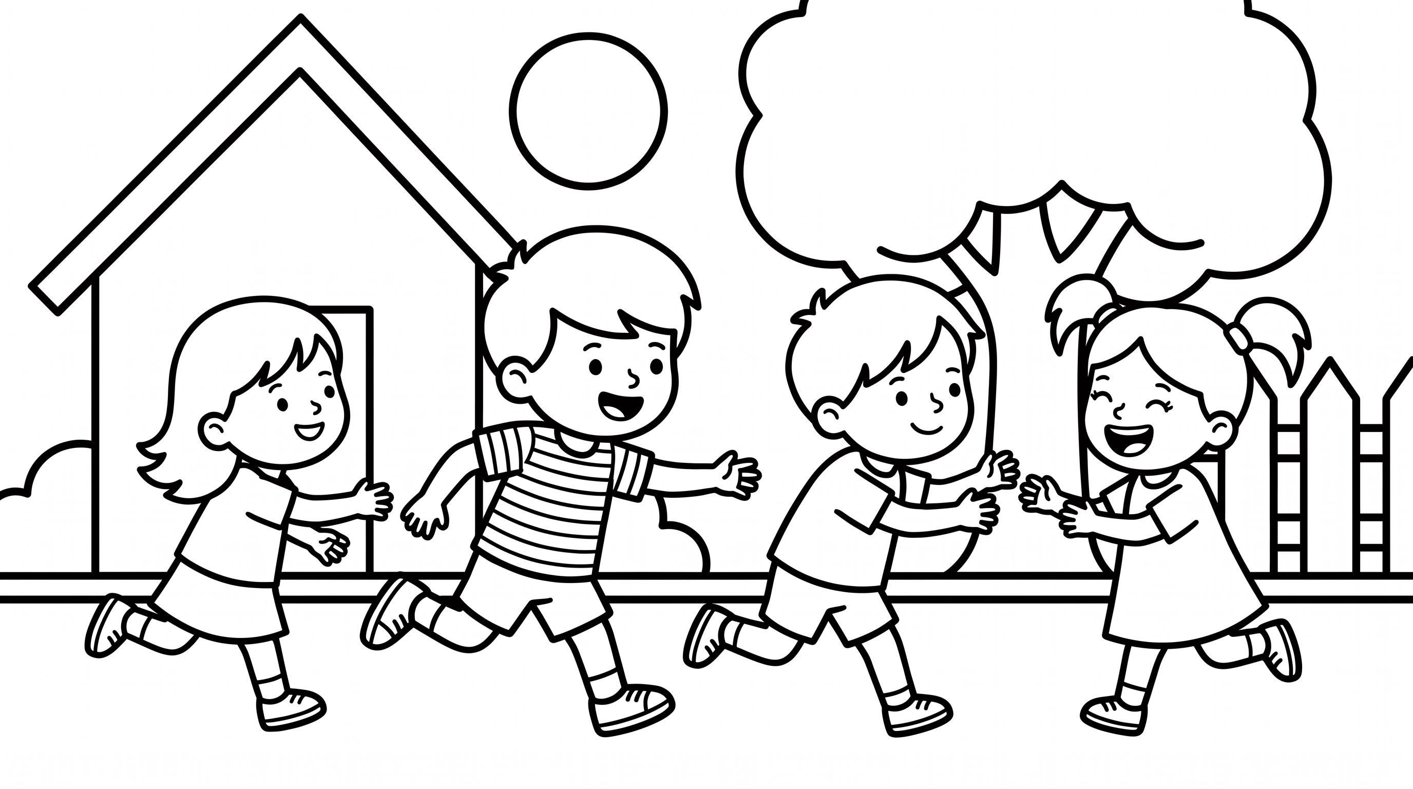 children playing tag in the yard coloring page to print