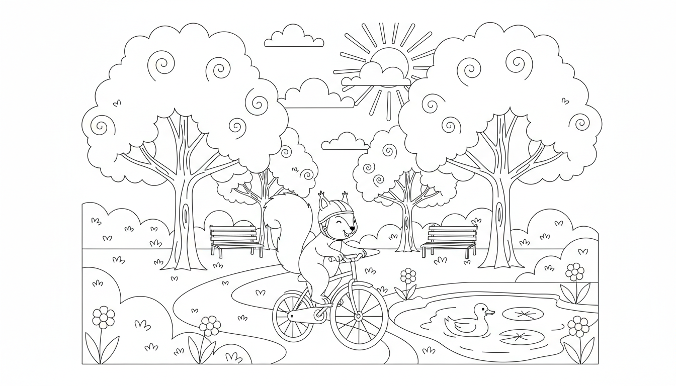 squirrel riding a bicycle in a park coloring page to print