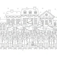 A busy street scene during Christmas with decorated trees and carolers.