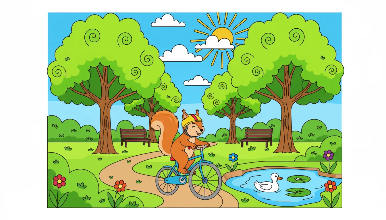 squirrel riding a bicycle in a park coloring page to print