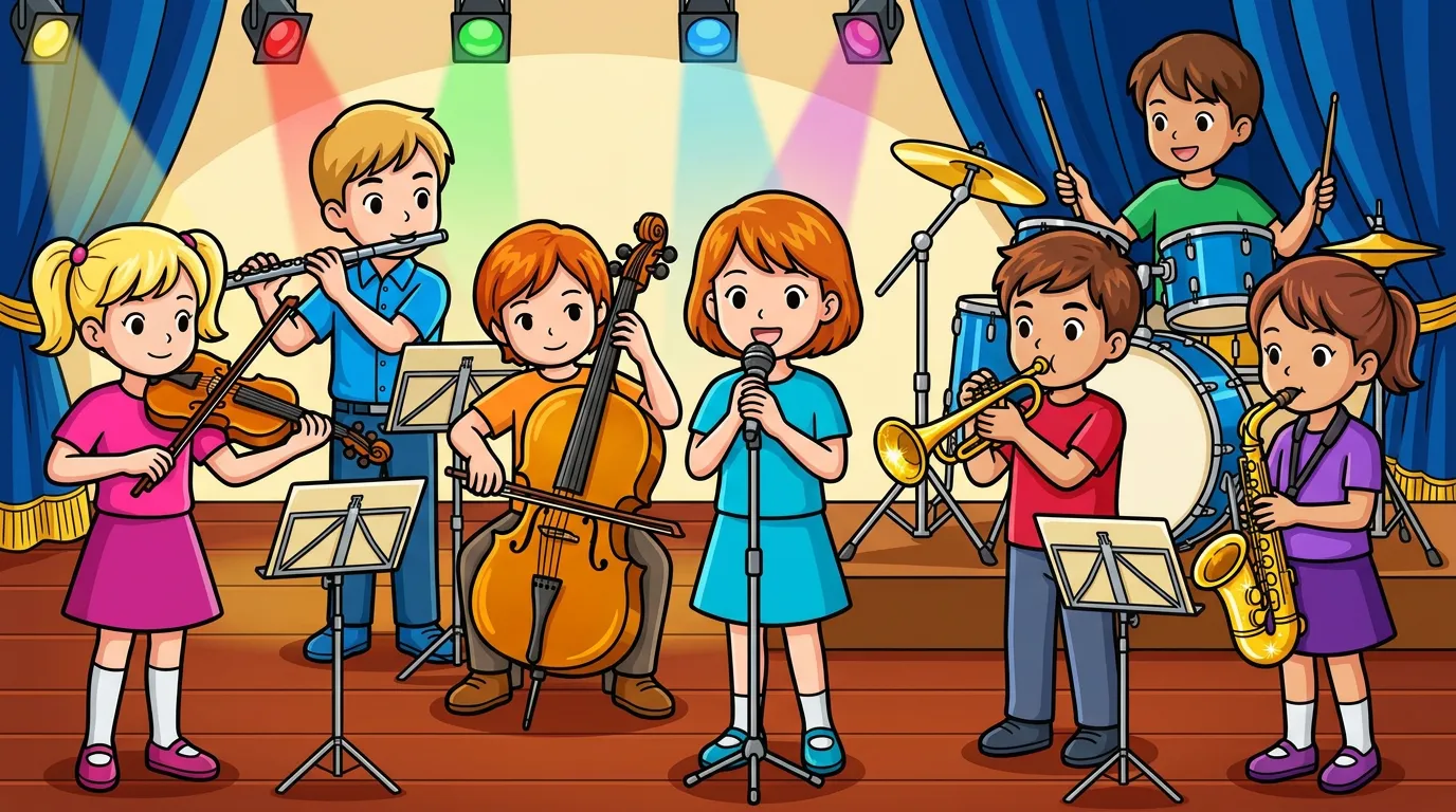 A group of children playing musical instruments in a school orchestra. coloring page to print