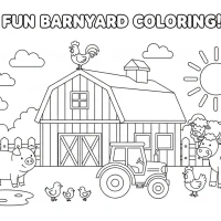 colorful barnyard with animals and red barn