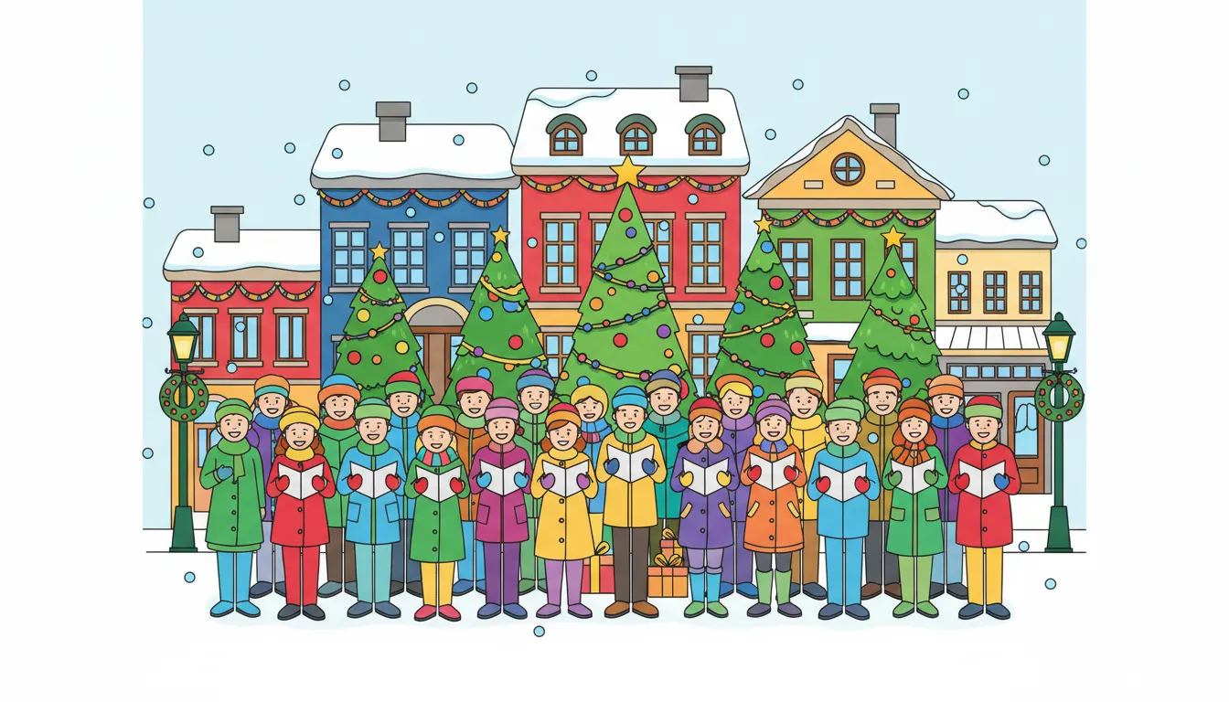 A busy street scene during Christmas with decorated trees and carolers. coloring page to print