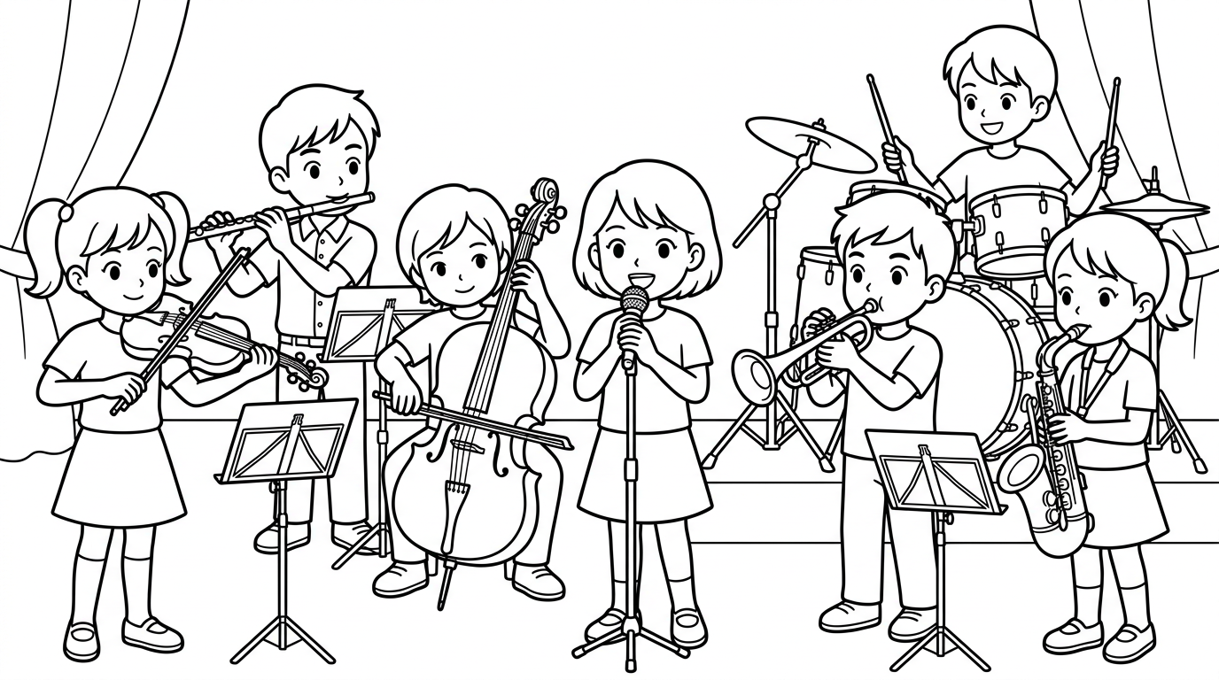 A group of children playing musical instruments in a school orchestra. coloring page to print
