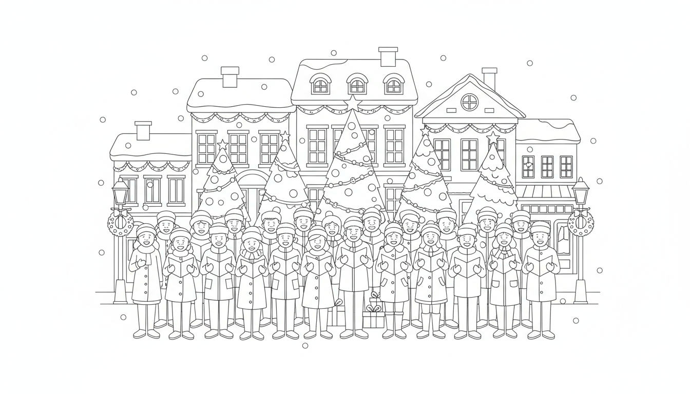 A busy street scene during Christmas with decorated trees and carolers. coloring page to print