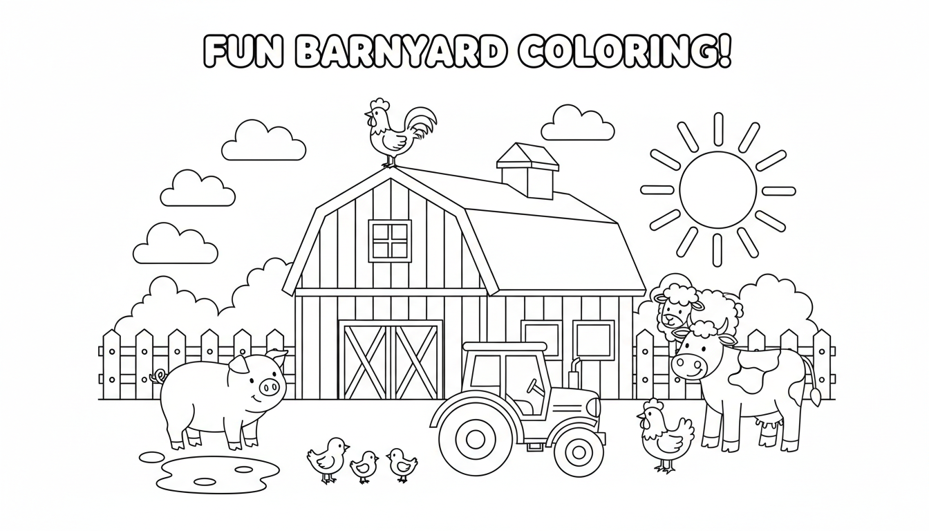 colorful barnyard with animals and red barn coloring page to print