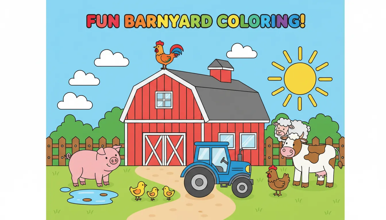 colorful barnyard with animals and red barn coloring page to print
