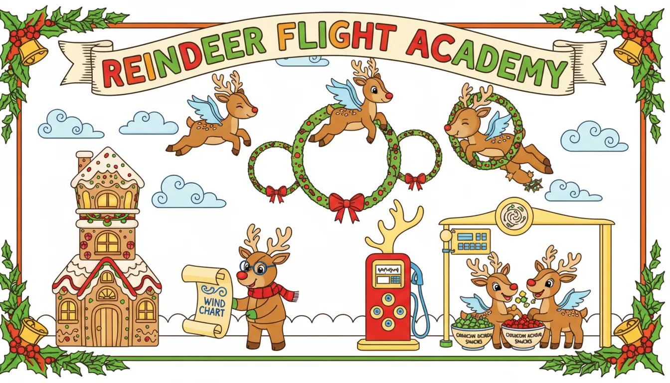Christmas reindeer flight school adventuress coloring page to print
