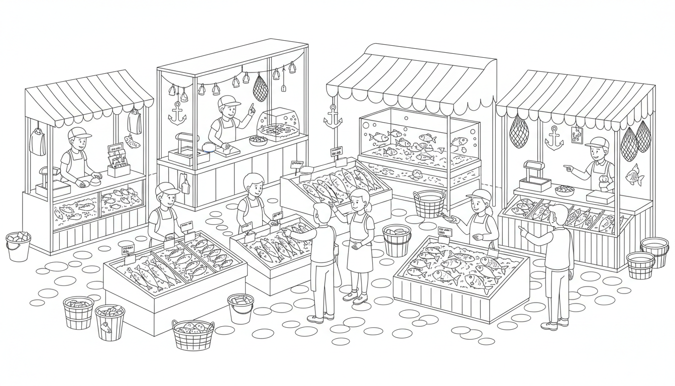 busy fish market scene coloring page to print