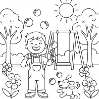 child blowing bubbles in backyard spring scene