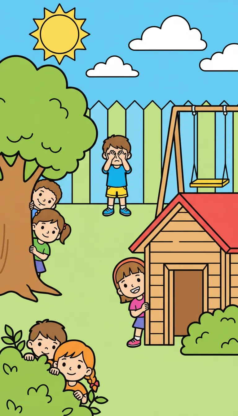 children playing hide and seek in backyard coloring page to print