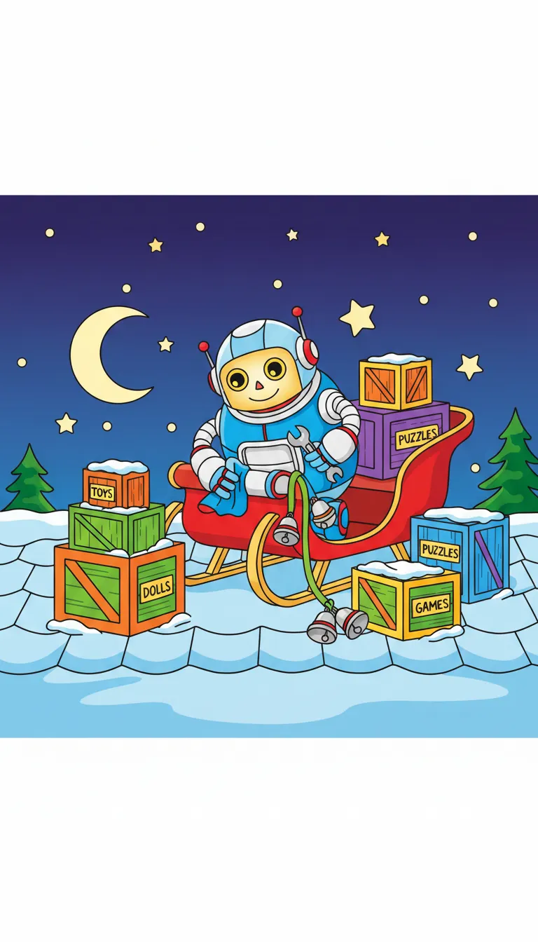 Christmas snowy rooftop with robot and presents coloring page to print