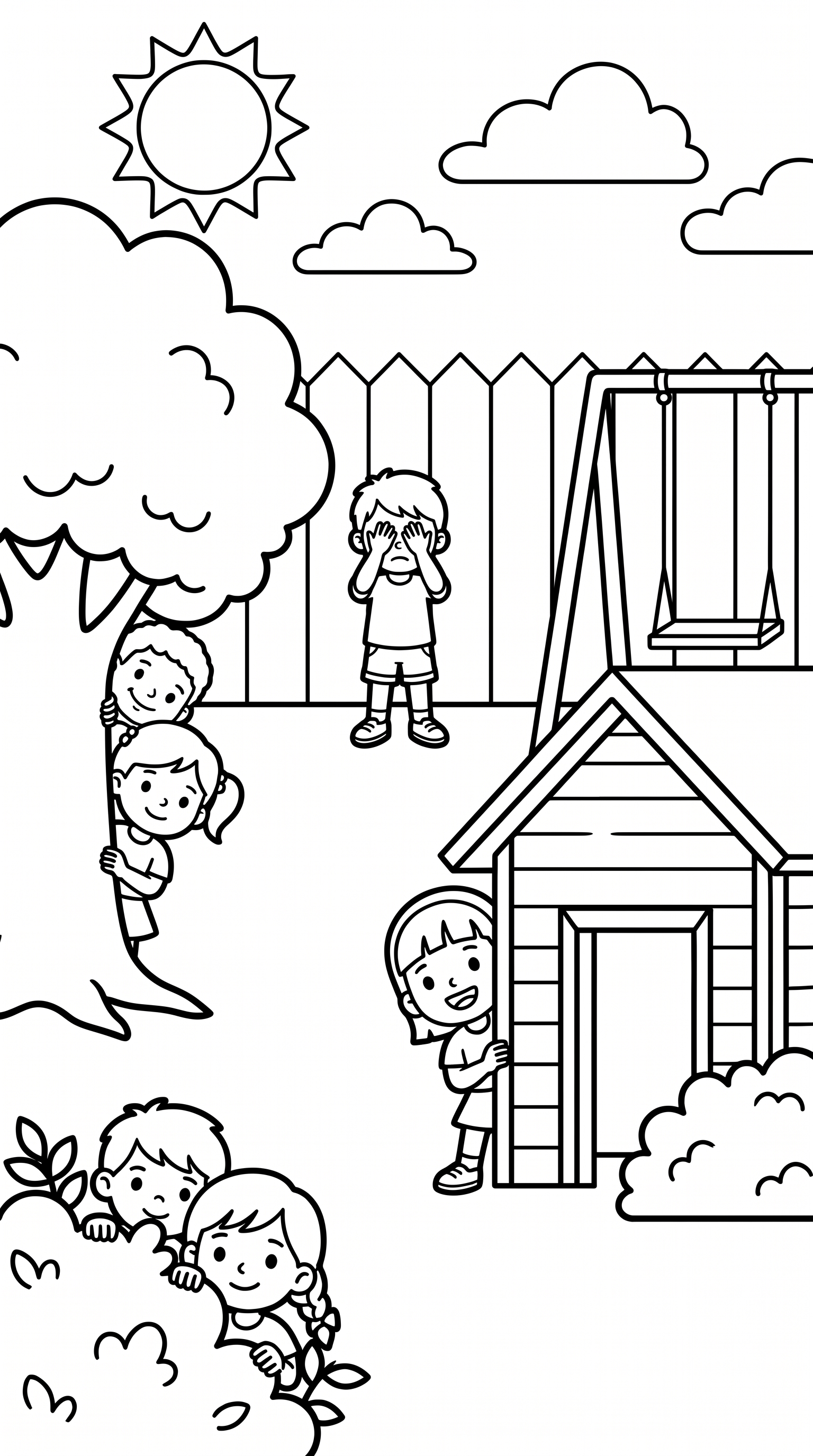 children playing hide and seek in backyard coloring page to print