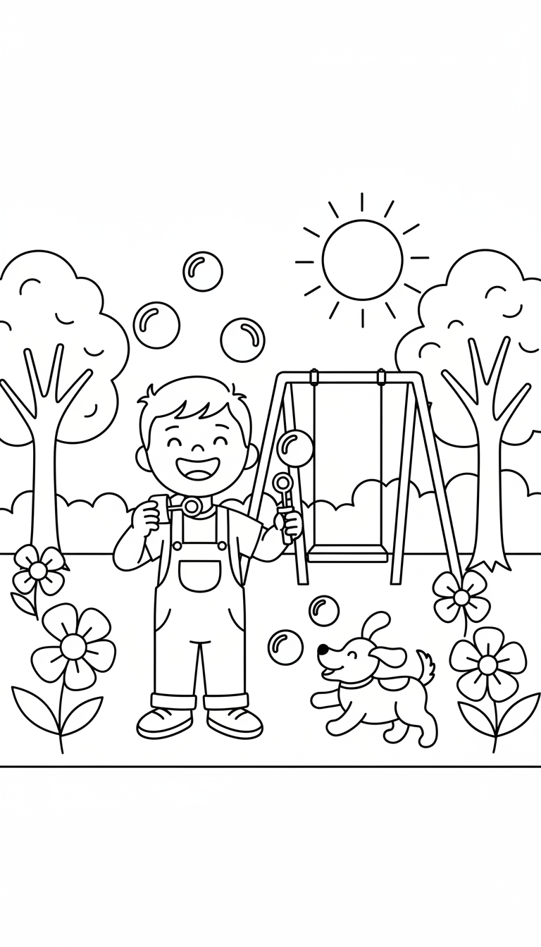 child blowing bubbles in backyard spring scene coloring page to print