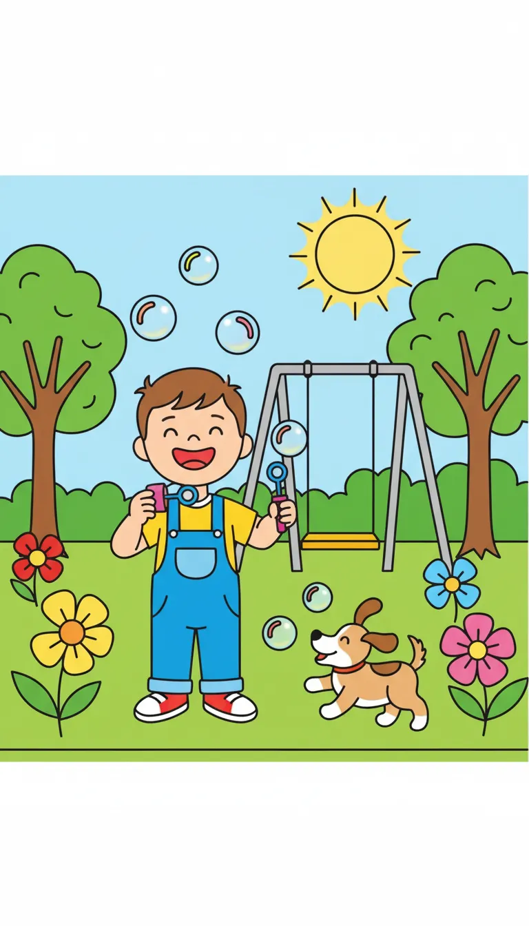 child blowing bubbles in backyard spring scene coloring page to print
