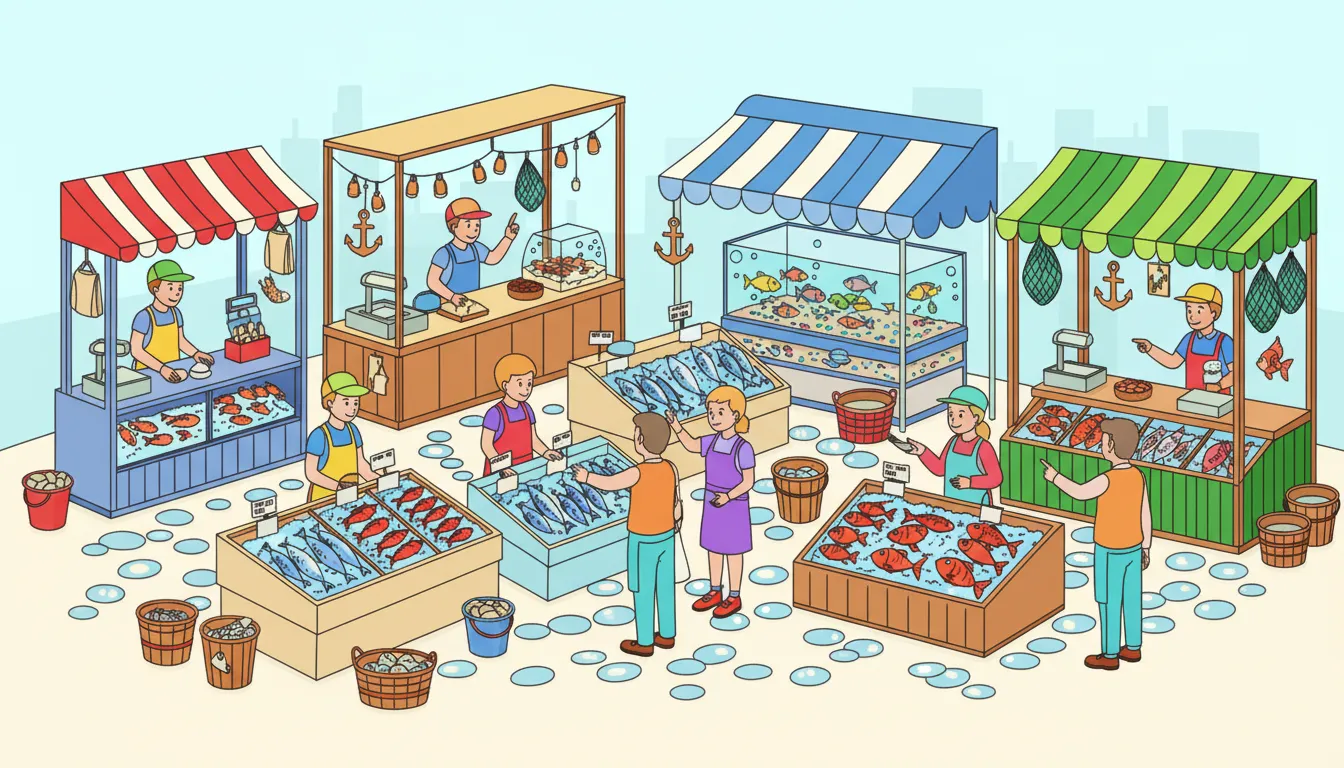 busy fish market scene coloring page to print