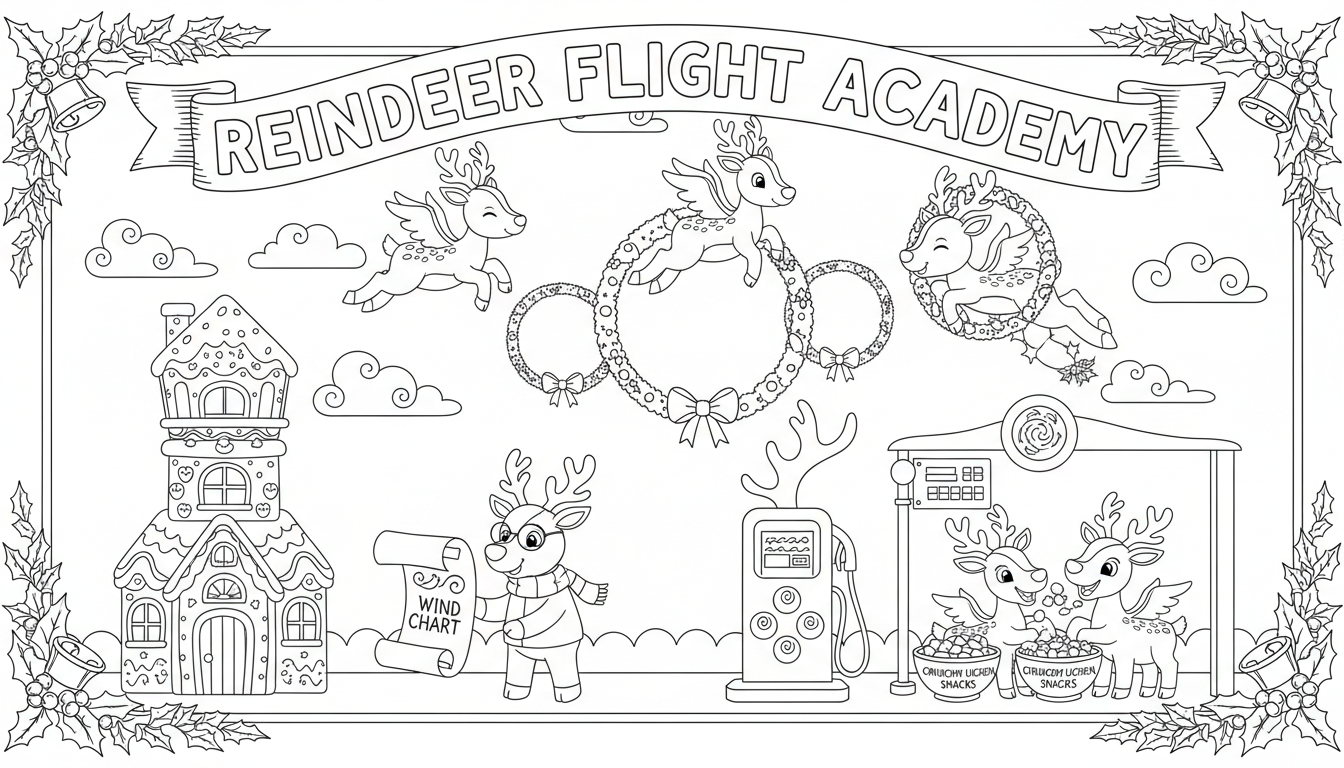 Christmas reindeer flight school adventuress coloring page to print