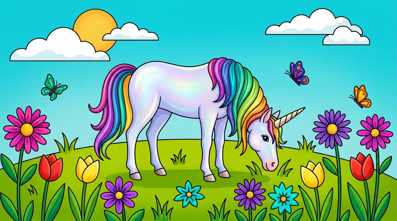 A magical scene of a unicorn grazing in a meadow filled with flowers. coloring page to print