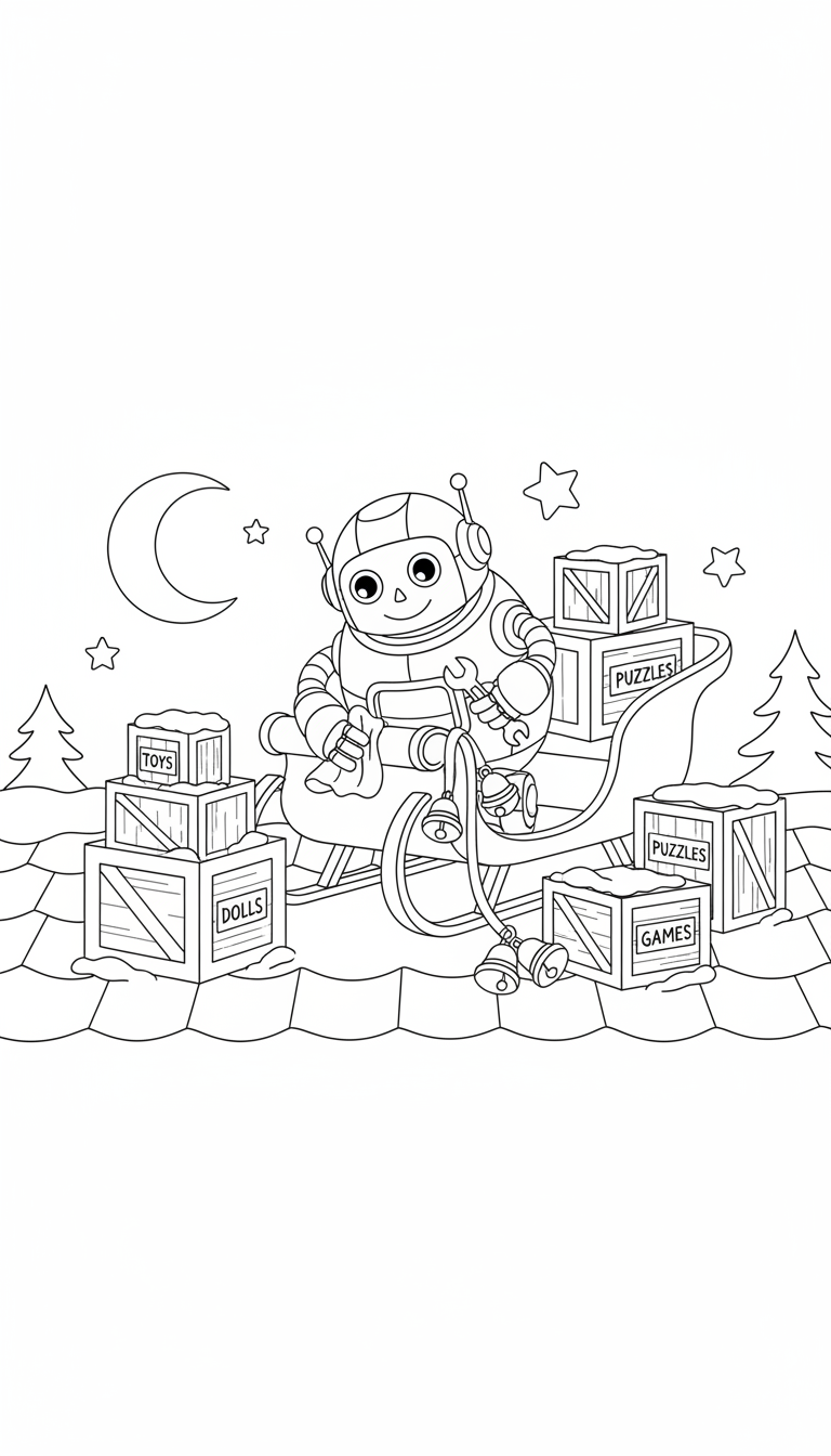 Christmas snowy rooftop with robot and presents coloring page to print